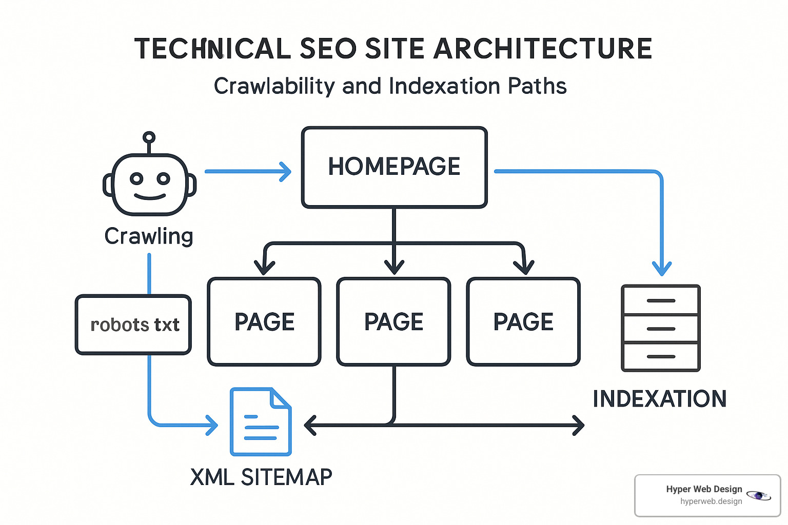 Technical SEO site architecture diagram showing crawlability and indexation paths - SEO optimized websites