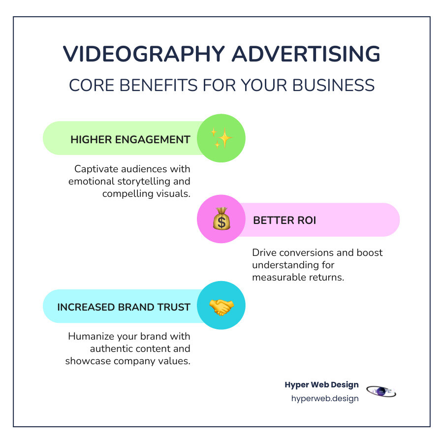 Infographic showing the three core pillars of successful videography advertising: Higher Engagement rates with emotional storytelling and visual appeal, Better ROI through increased conversions and customer understanding, and Increased Brand Trust via authentic testimonials and company culture showcase - videography advertising infographic infographic-line-3-steps-colors