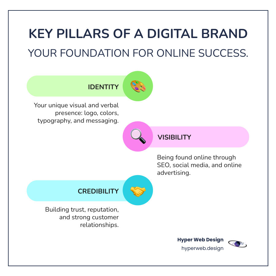 Infographic showing the three key pillars of a digital brand: Identity (logo, color, typography, messaging), Visibility (SEO, social media, online advertising), and Credibility (trust, reputation, customer relationships). - digital branding and design infographic infographic-line-3-steps-colors