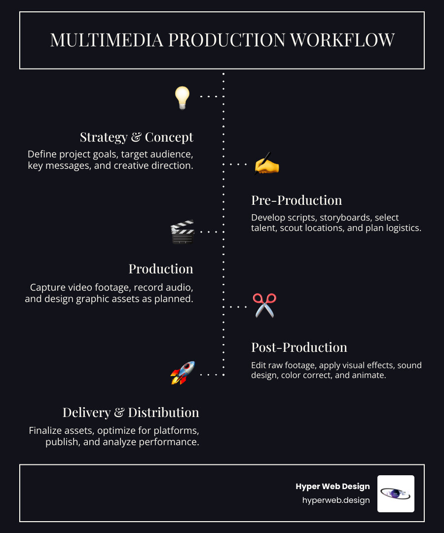 Infographic showing multimedia production workflow from strategy and pre-production through production phases including video shooting, audio recording, and graphic design, to post-production with editing, color grading, and final delivery across multiple channels - multimedia production services infographic infographic-line-5-steps-dark Infographic showing multimedia production workflow from strategy and pre-production through production phases including video shooting, audio recording, and graphic design, to post-production with editing, color grading, and final delivery across multiple channels - multimedia production services infographic infographic-line-5-steps-dark