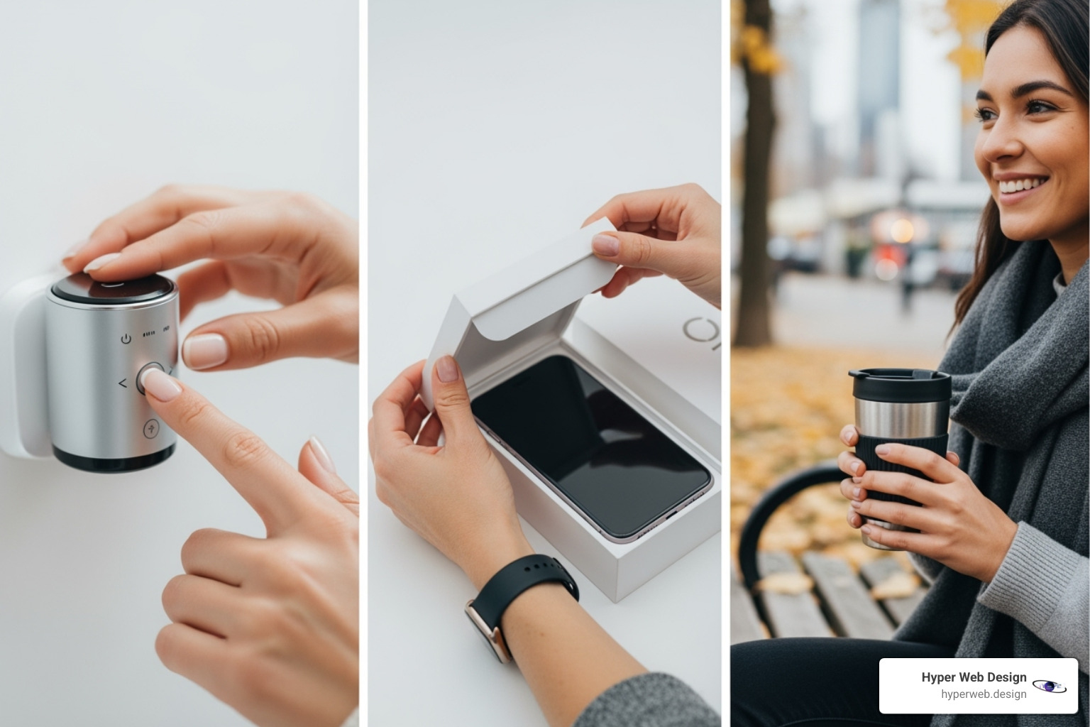 Split-screen of different product video types like a demo, an unboxing, and a lifestyle shot - ecommerce product video production