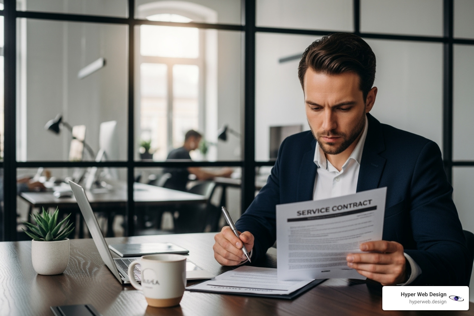 a business manager reviewing a service contract - it hardware maintenance companies