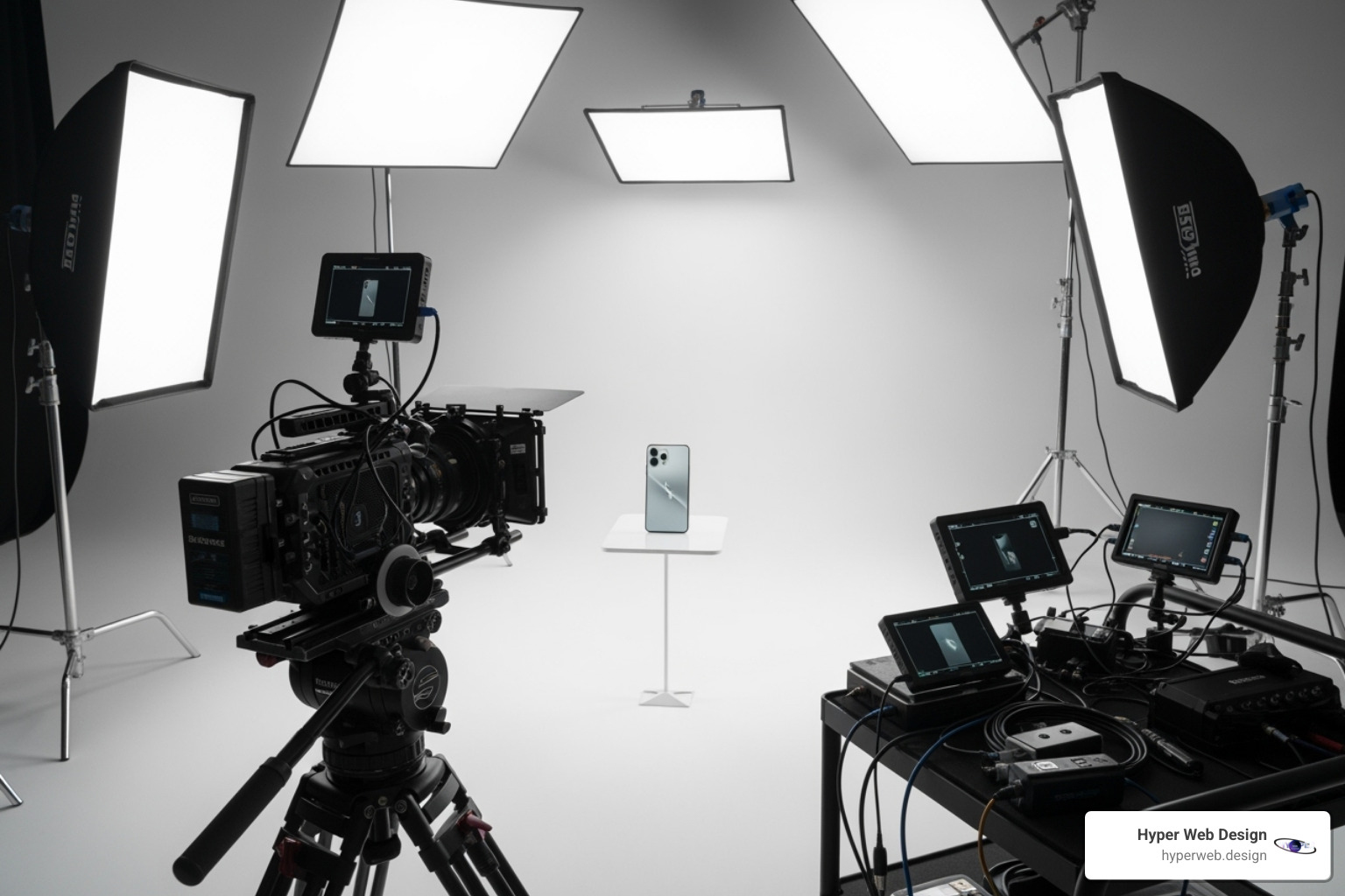 A professional video shoot setup with a well-lit product on a clean background and camera equipment - ecommerce product video production