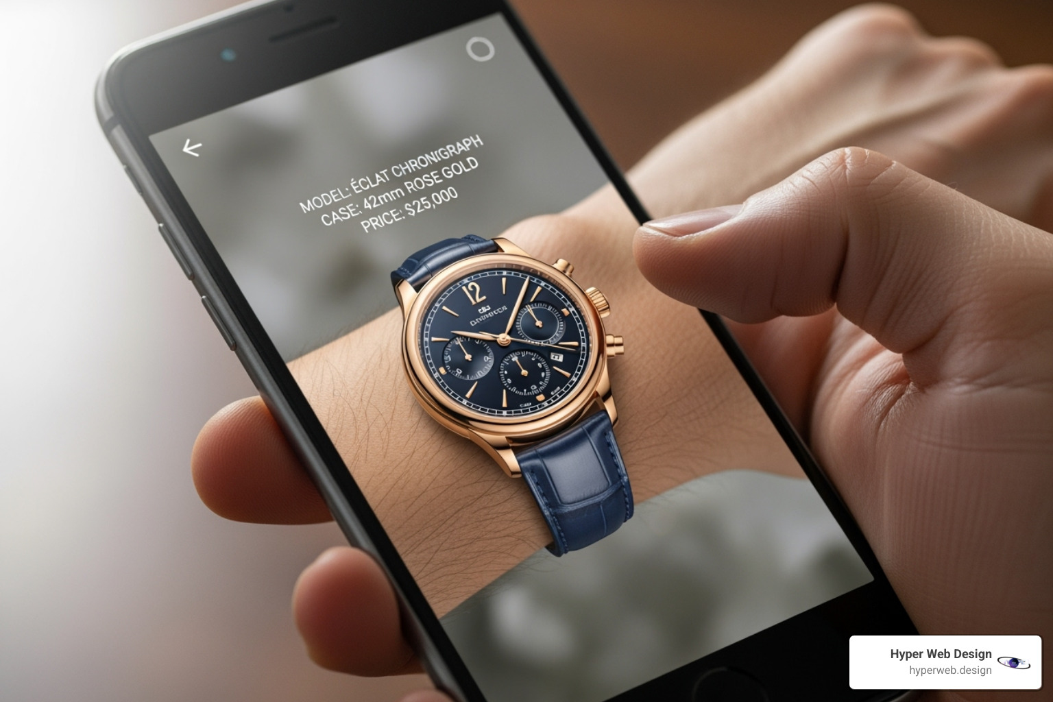 A person holding a smartphone, viewing a virtual luxury watch on their wrist through an Augmented Reality (AR) app, with product details overlaid on the screen - CRO for luxury brands