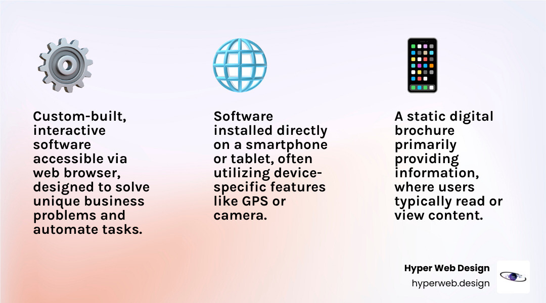 Infographic explaining the key differences between a website, a web application, and a native mobile app. - custom web application development infographic 3_facts_emoji_light-gradient