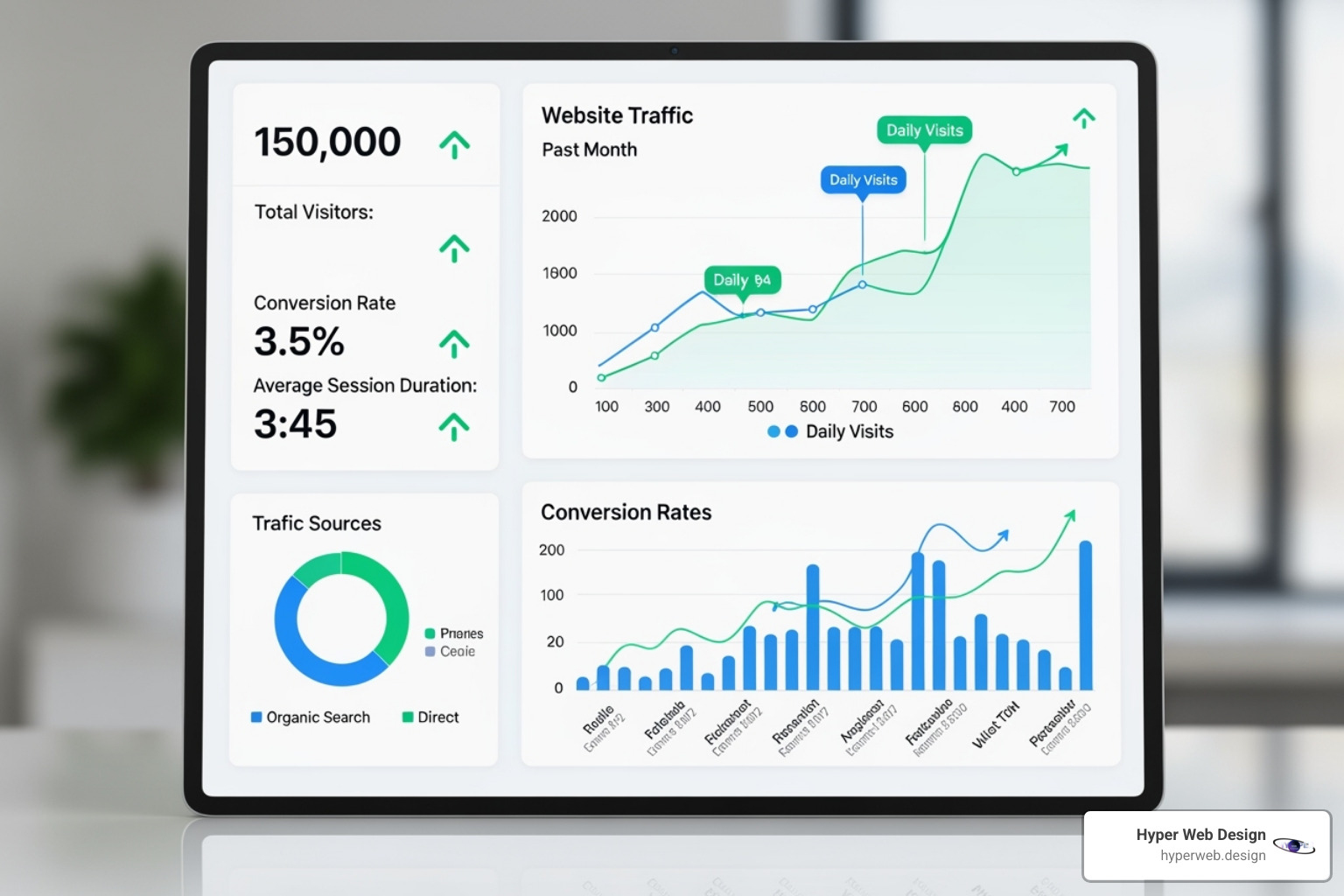 a dashboard showing increased traffic and conversions - web designer in houston