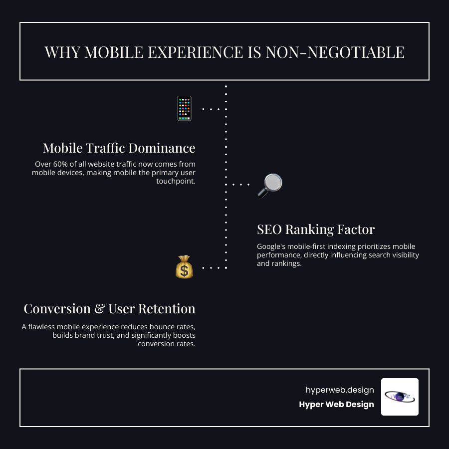Infographic showing mobile traffic statistics, Google's mobile-first indexing impact on search rankings, and the correlation between mobile user experience and conversion rates for luxury brands - mobile friendly site design infographic infographic-line-3-steps-dark