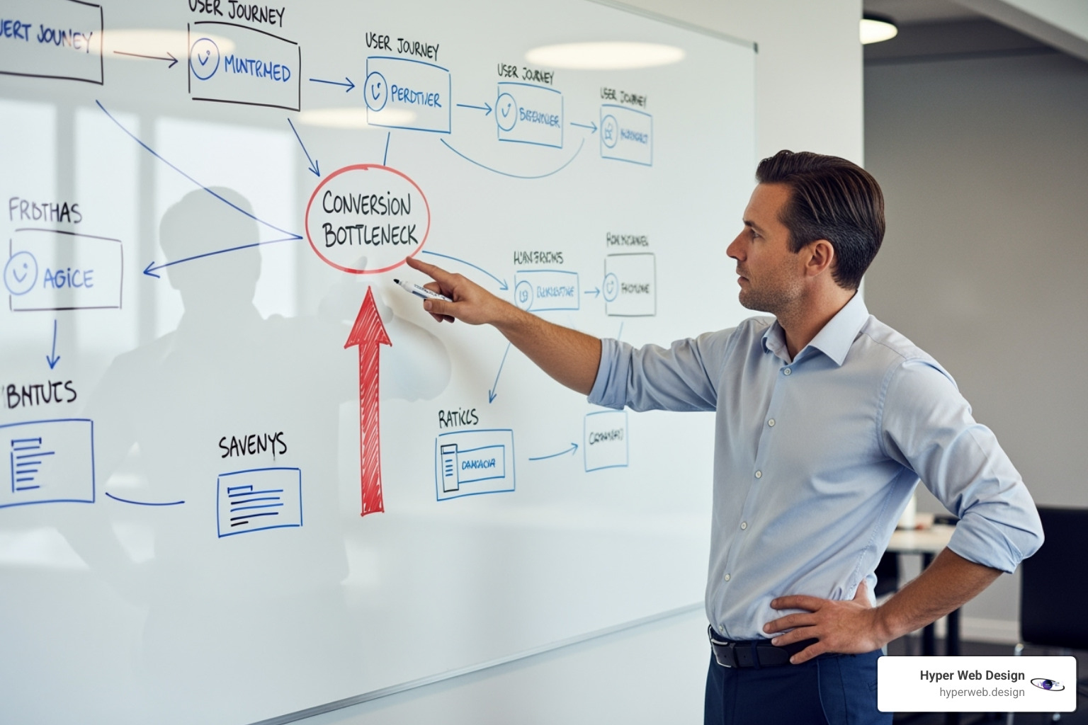 Consultant analyzing a user journey map on a whiteboard Consultant analyzing a user journey map on a whiteboard