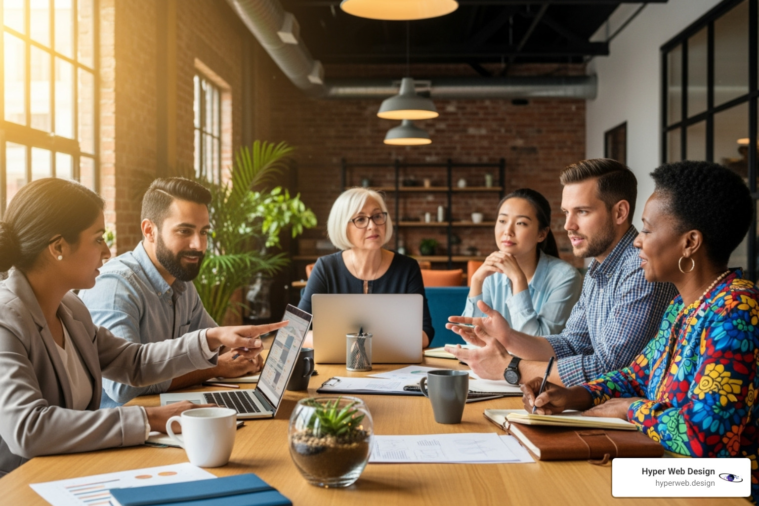 Diverse group of Houston small business owners collaborating around a table - cheap web design houston Diverse group of Houston small business owners collaborating around a table - cheap web design houston