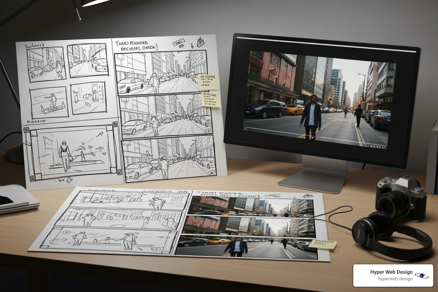 IMAGE of a storyboard next to a finished video frame - product video production IMAGE of a storyboard next to a finished video frame - product video production