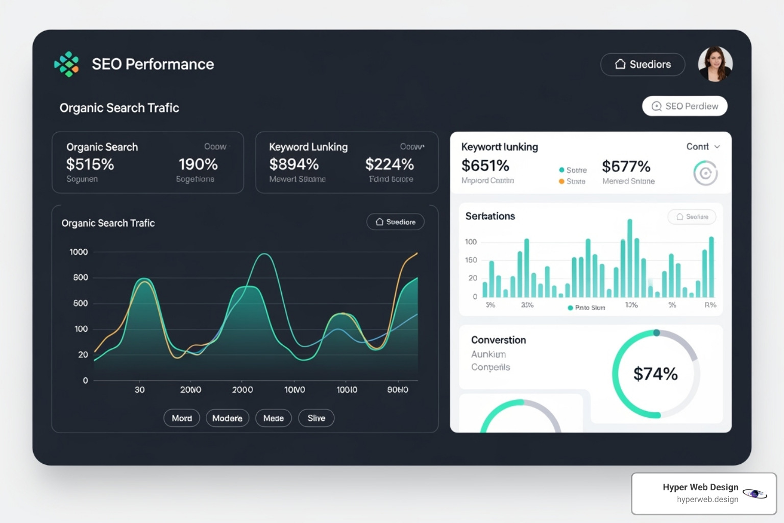 A dashboard showing various marketing analytics metrics like organic traffic, keyword rankings, and conversion rates. - Professional SEO Houston