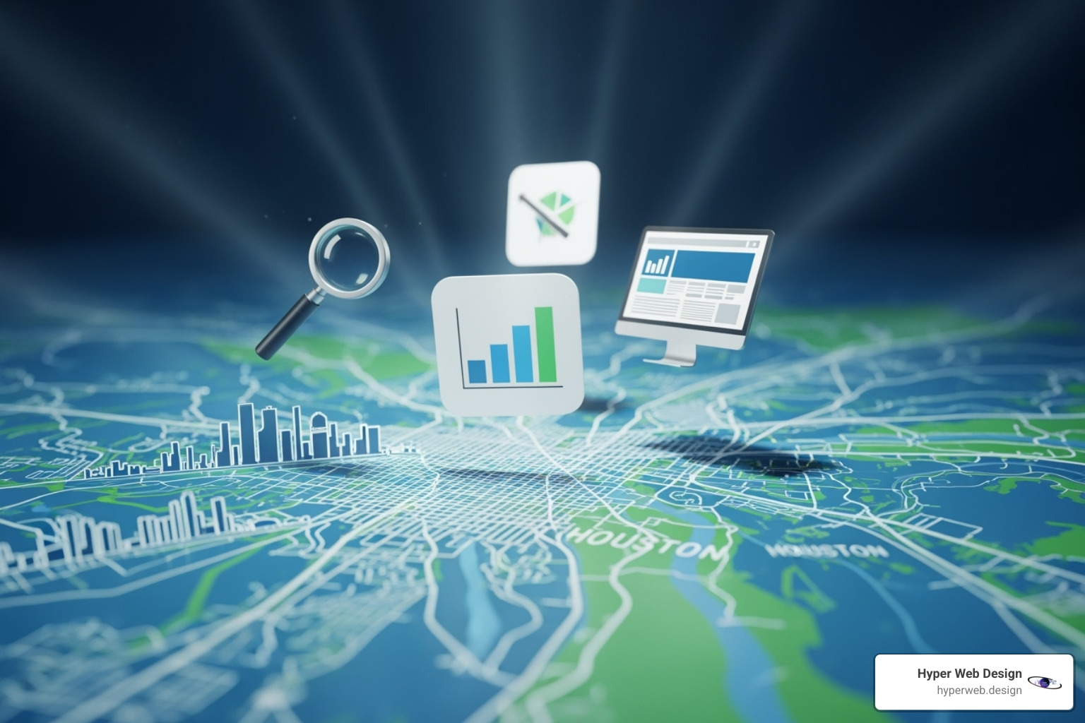 Digital marketing icons overlaid on a map of Houston, symbolizing local SEO strategies. - Professional SEO Houston