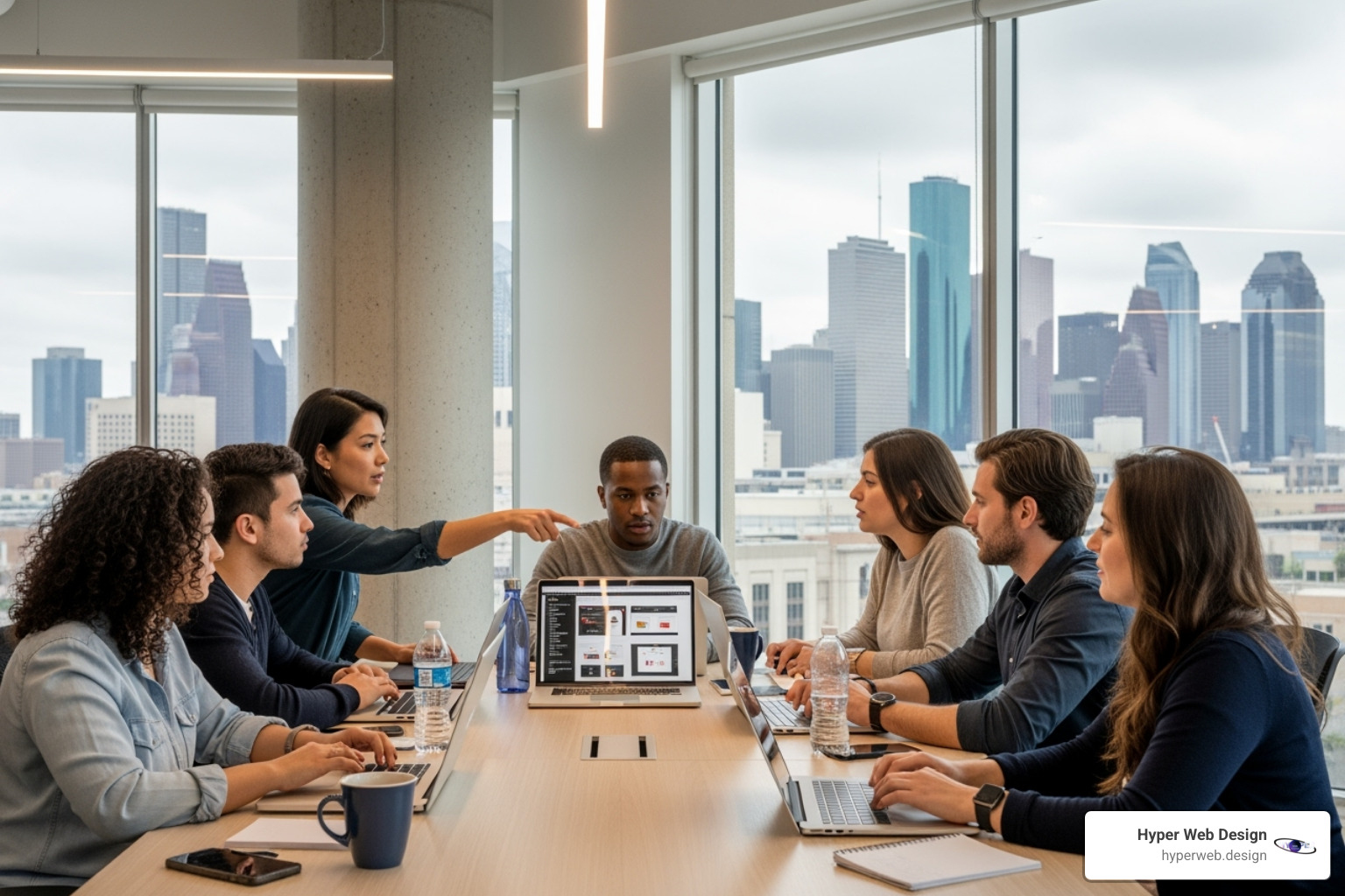 a diverse team collaborating on a web design project in a modern Houston office - web designer in houston