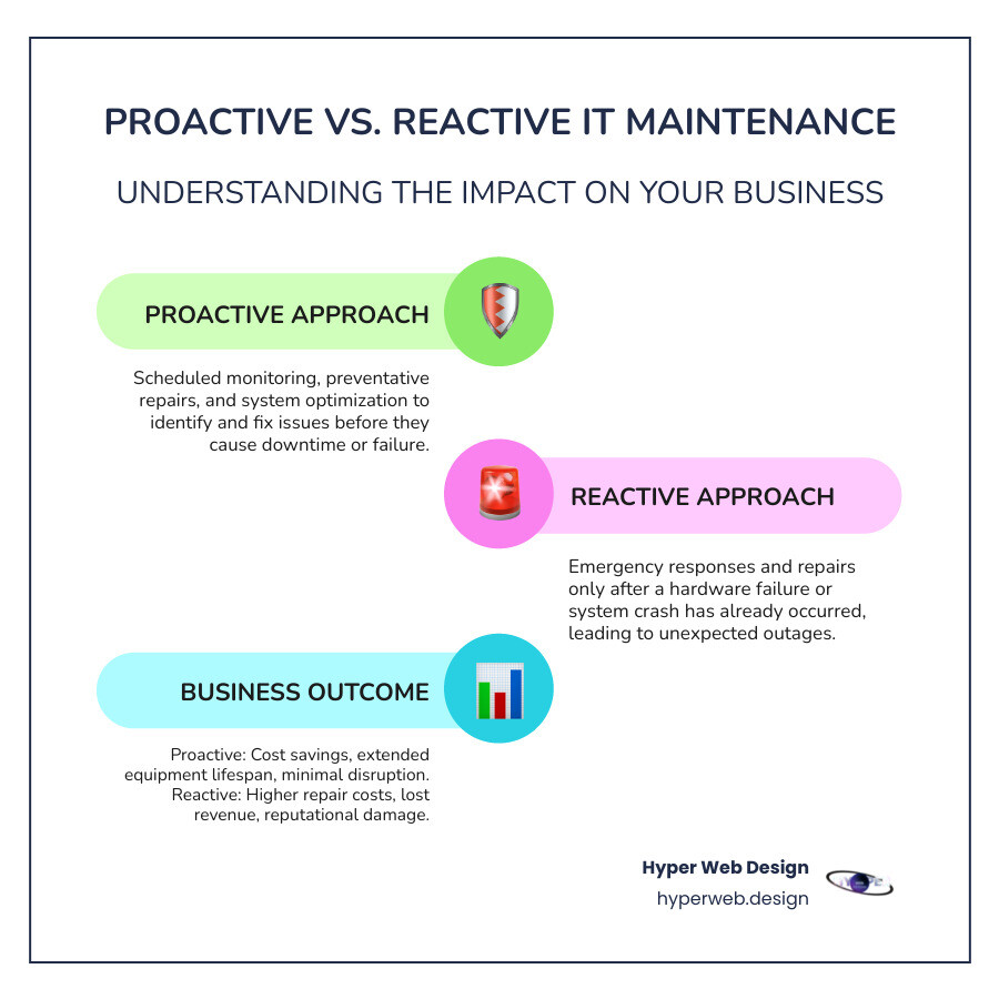 Infographic showing the difference between proactive IT maintenance (scheduled monitoring, preventive repairs, cost savings) versus reactive maintenance (emergency calls, system failures, higher costs and downtime) - it hardware maintenance companies infographic infographic-line-3-steps-colors