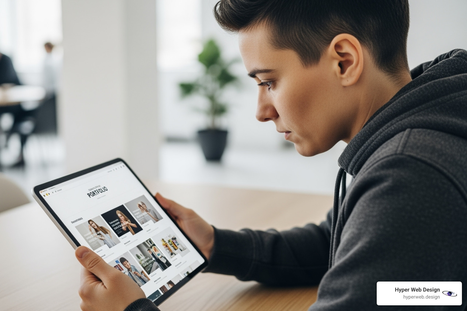 person carefully reviewing a website portfolio on a tablet - texas web design