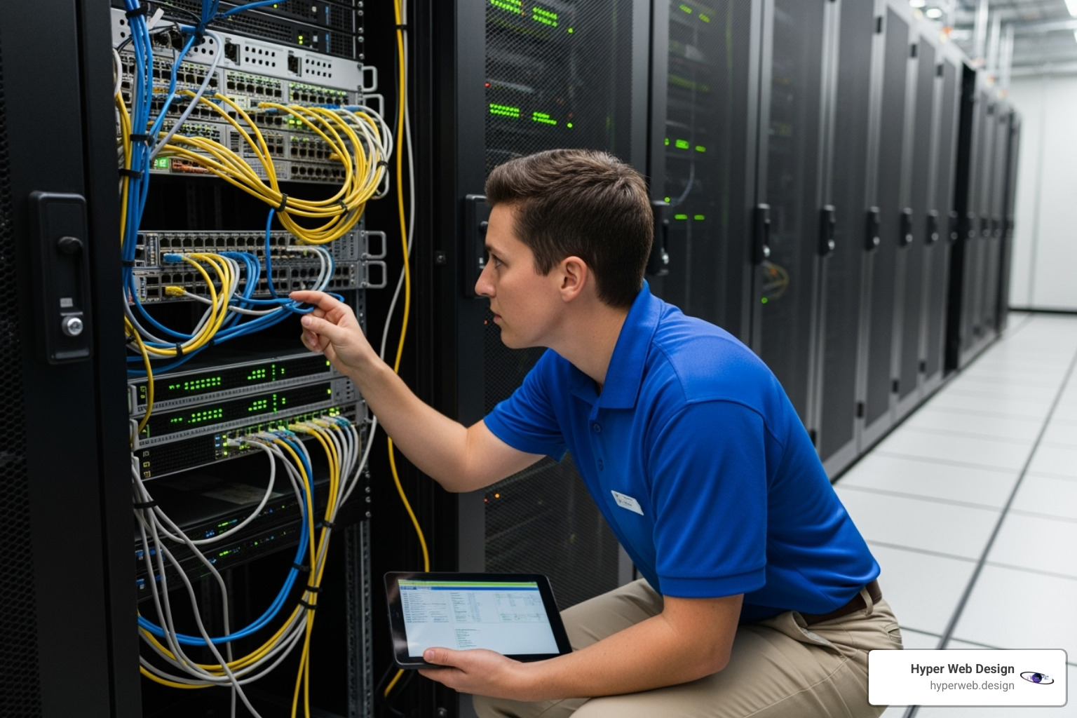 A network server rack being inspected by a technician - it maintenance for businesses