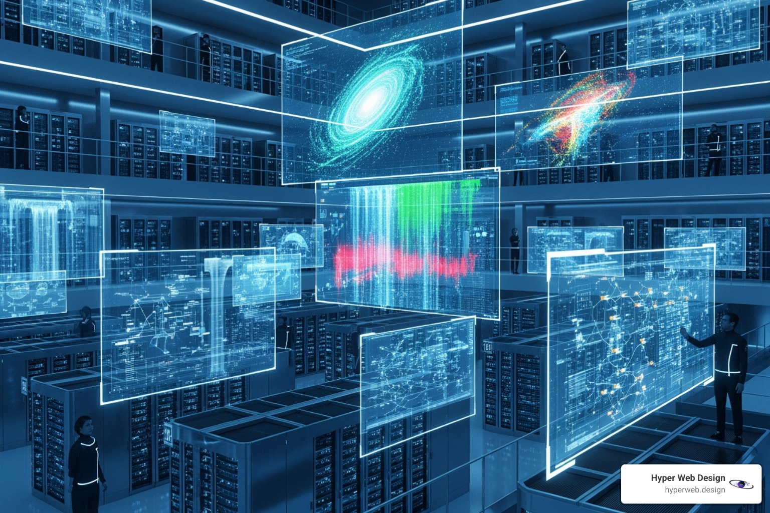 a futuristic data center with holographic displays - it hardware maintenance companies