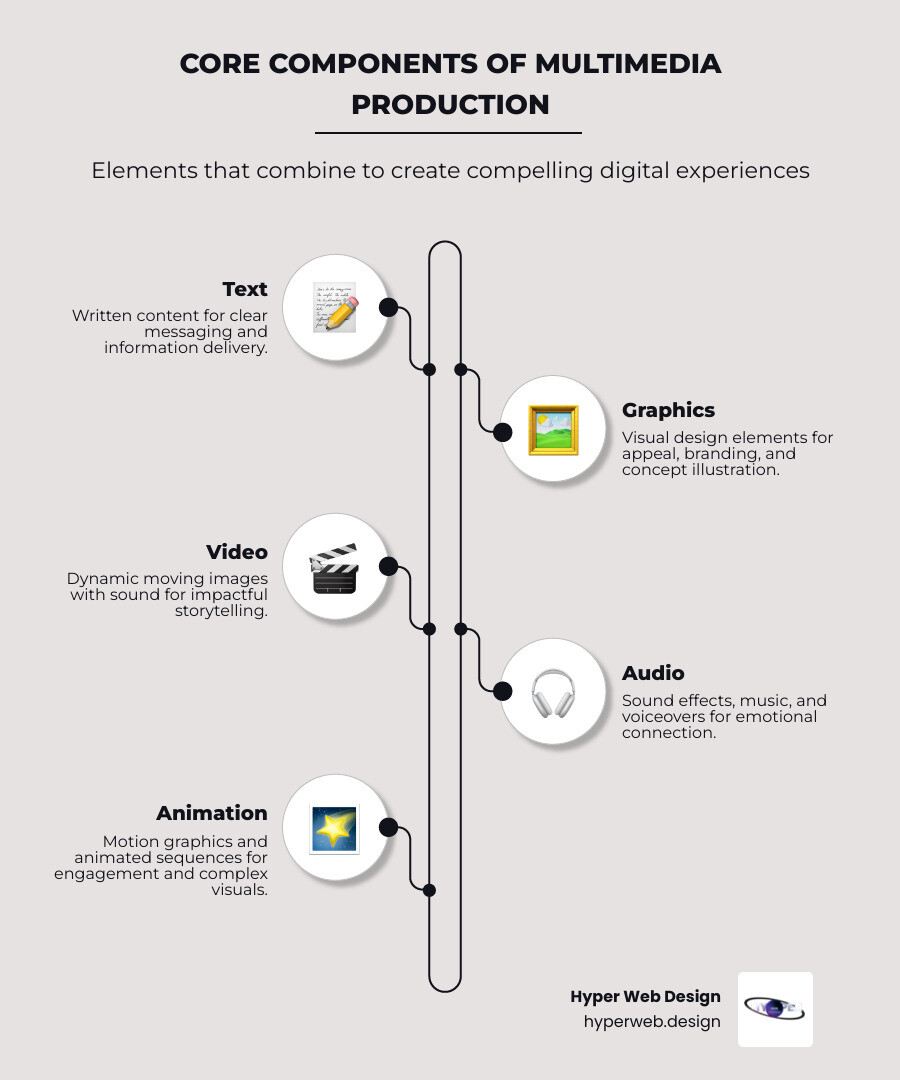 Infographic showing the 5 core components of multimedia production: Text content for messaging, Graphics for visual appeal, Video for dynamic storytelling, Audio for emotional connection, and Animation for engagement - all working together to create compelling brand experiences - multimedia production infographic infographic-line-5-steps-neat_beige Infographic showing the 5 core components of multimedia production: Text content for messaging, Graphics for visual appeal, Video for dynamic storytelling, Audio for emotional connection, and Animation for engagement - all working together to create compelling brand experiences - multimedia production infographic infographic-line-5-steps-neat_beige