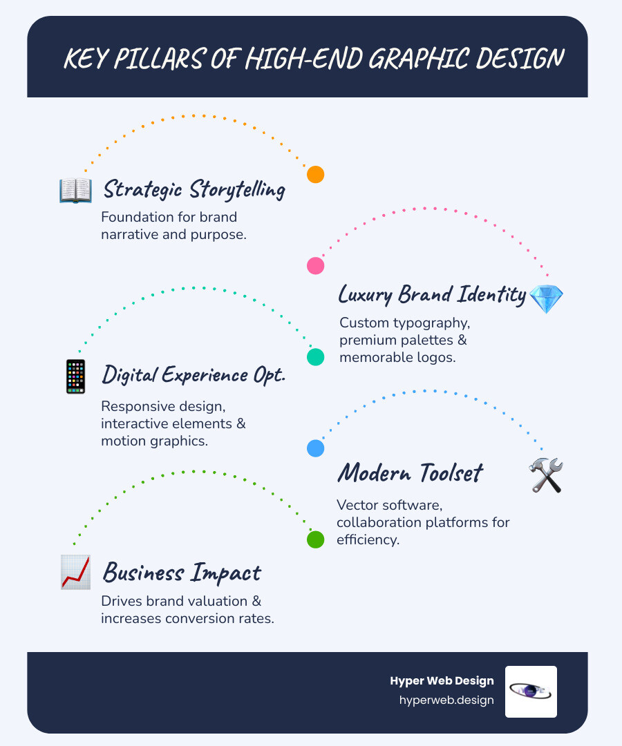 Infographic showing the key pillars of high-end graphic design: Strategic storytelling at the foundation, luxury brand identity elements including custom typography and premium color palettes, digital experience optimization with responsive design and motion graphics, and modern design tools including vector graphics software and collaboration platforms, all leading to increased brand valuation and conversion rates - high end graphic design infographic infographic-line-5-steps-blues-accent_colors