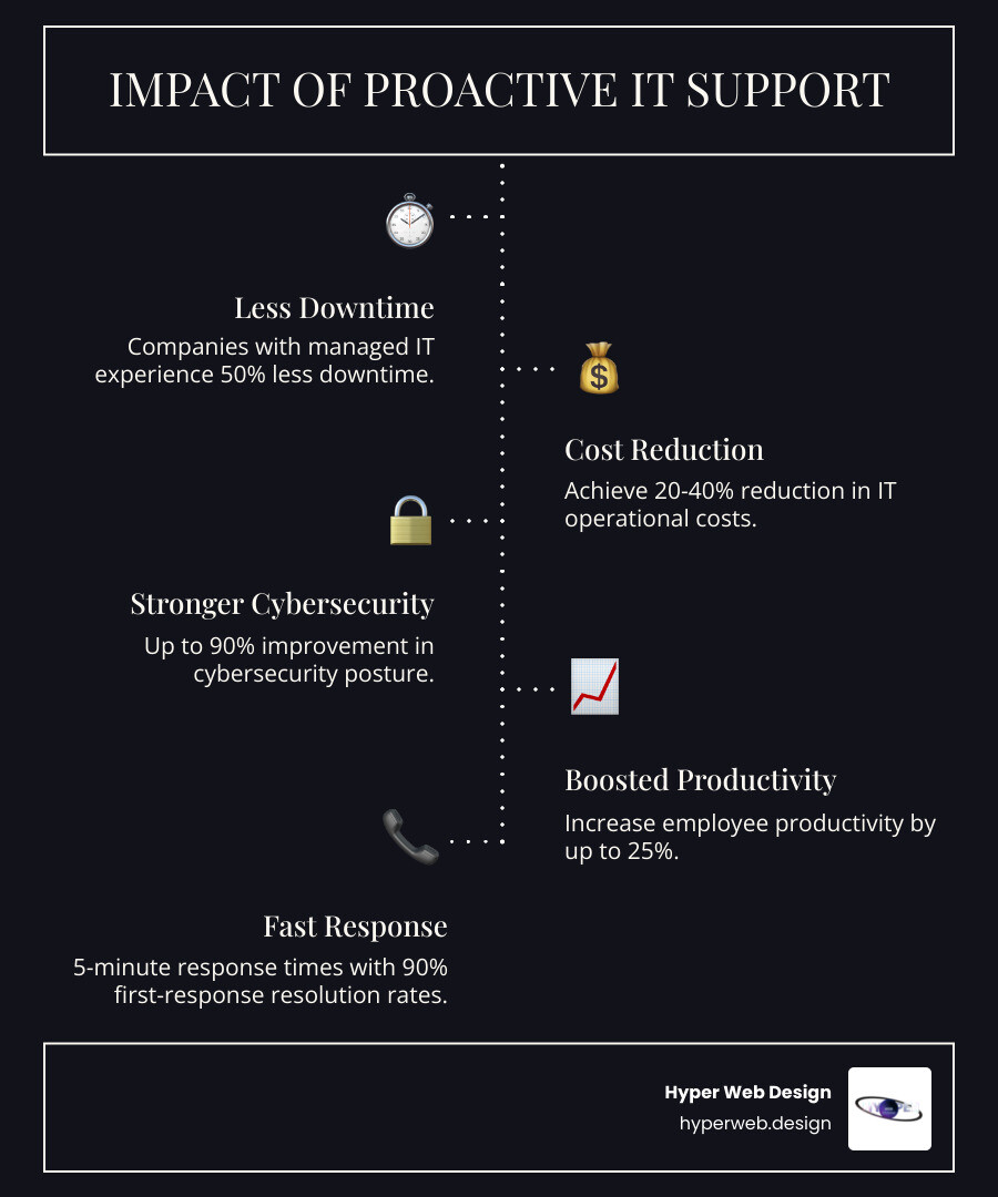 Comprehensive infographic showing the core benefits of managed IT services including 20-40% reduction in operational costs, 50% less downtime, 90% improvement in cybersecurity posture, 25% increase in productivity, and 5-minute response times with 90% first-response resolution rates - it support for companies infographic infographic-line-5-steps-dark