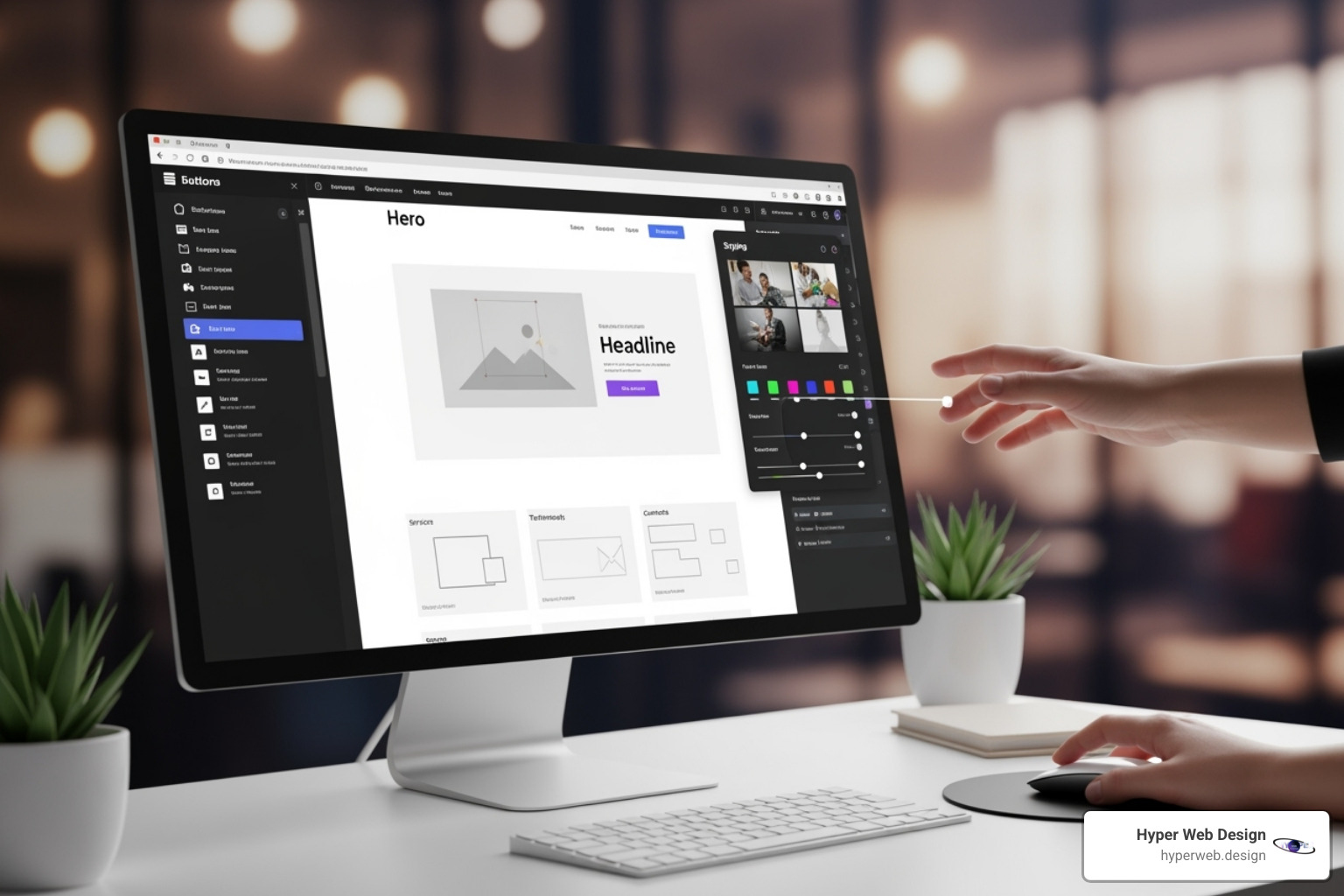 A split-screen image showing a visual drag-and-drop web editor on the left and a code editor displaying HTML, CSS, and JavaScript on the right. - visual web design software
