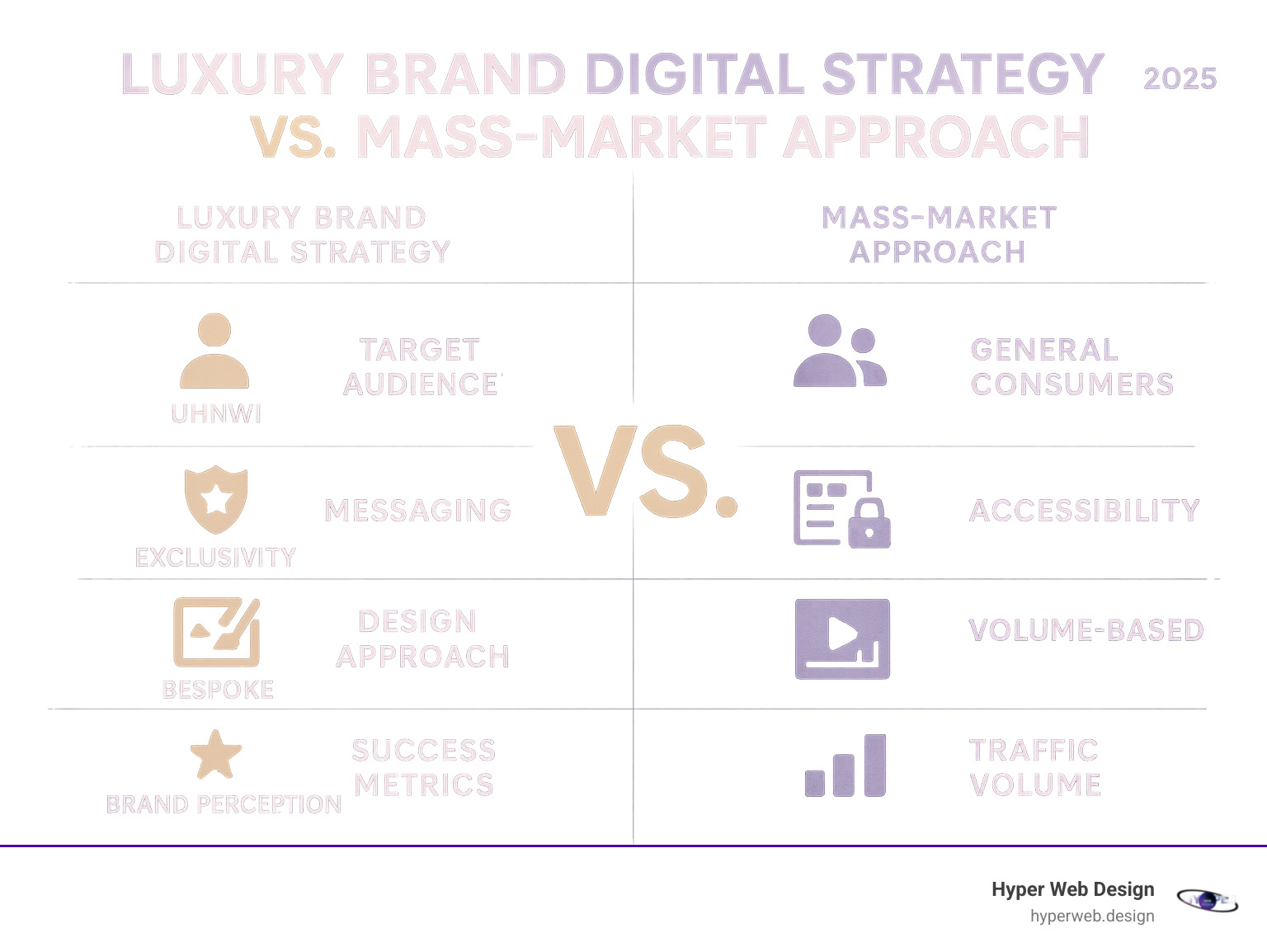 Infographic showing the comparison between luxury brand digital strategies versus mass-market approaches, highlighting key differences in target audience (UHNWI vs general consumers), messaging (exclusivity vs accessibility), design approach (bespoke vs templated), content strategy (curated vs volume-based), and success metrics (brand perception vs traffic volume) - luxury brand digital agency infographic 