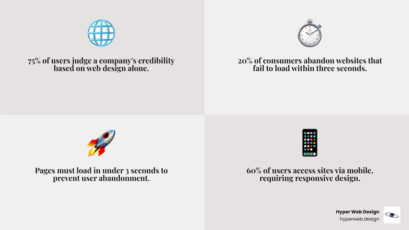 Infographic showing the relationship between website loading speed and user behavior, featuring statistics on bounce rates at different load times, the impact of mobile performance, and conversion rate improvements from speed optimization - high performance website design infographic 4_facts_emoji_grey