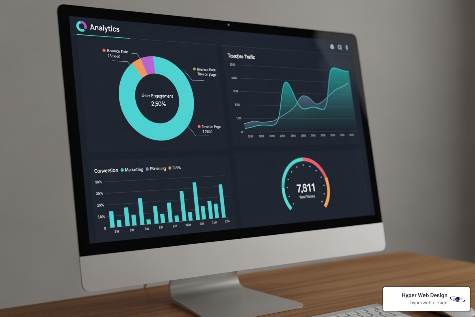 A website analytics dashboard showing various user engagement metrics like bounce rate, time on page, and conversion rates - user experience website design