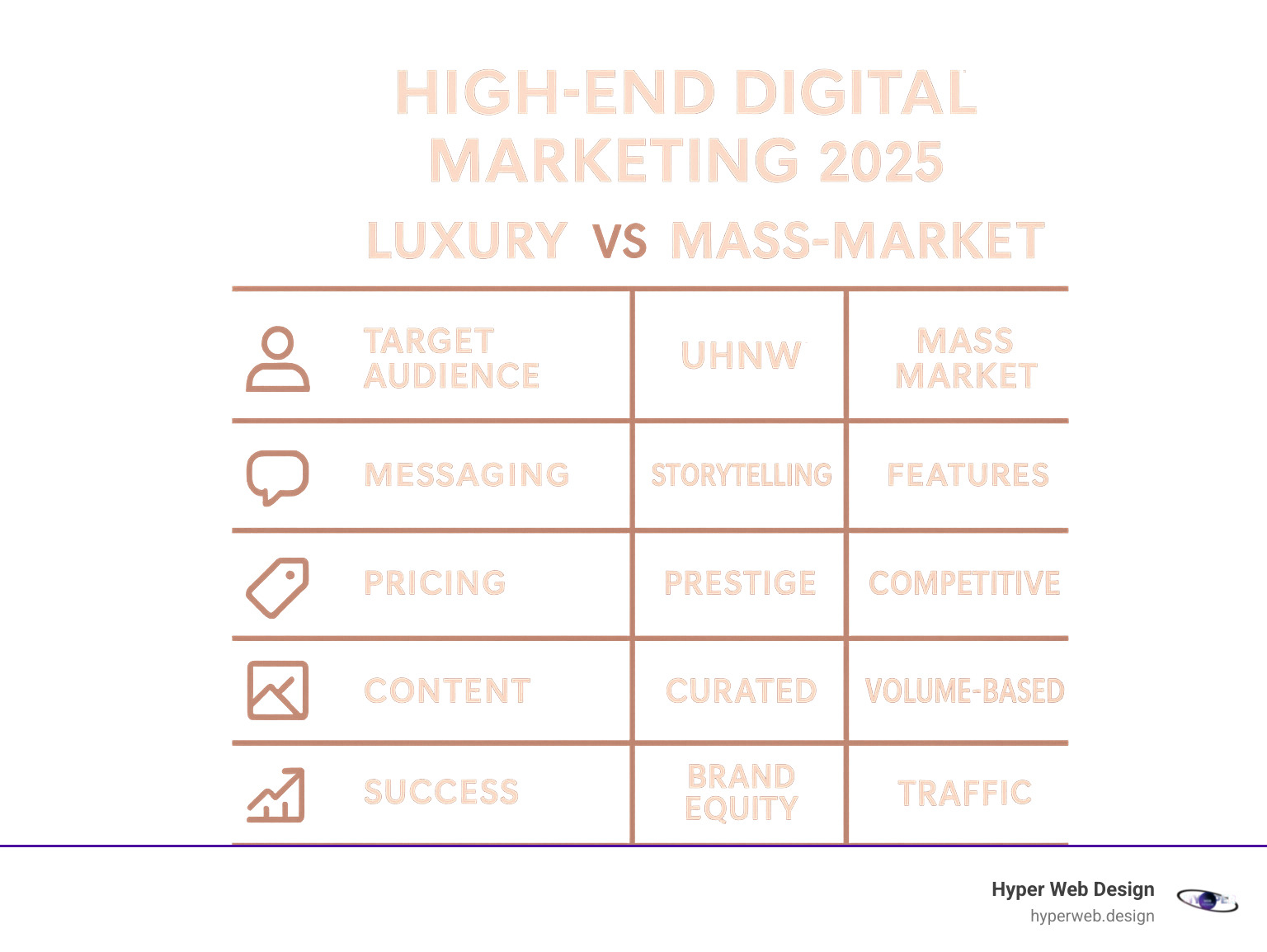 Infographic showing the key differences between luxury and mass-market digital marketing, including target audience (UHNW vs mass market), messaging approach (storytelling vs features), pricing strategy (prestige vs competitive), content quality (curated vs volume-based), and success metrics (brand equity vs traffic) - high end digital marketing infographic 