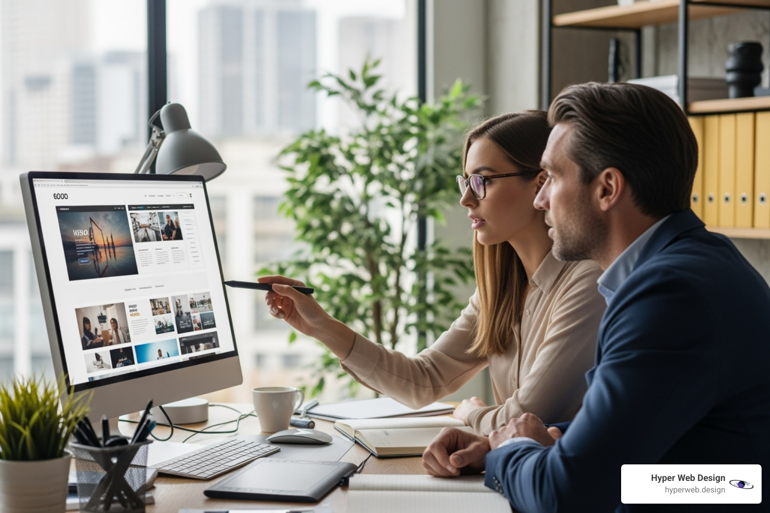 designer collaborating with a client over a website mockup - wordpress design houston designer collaborating with a client over a website mockup - wordpress design houston