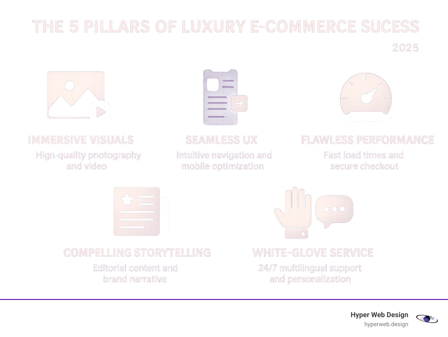 Infographic showing the 5 pillars of luxury e-commerce success: Immersive Visuals with high-quality product photography and video, Seamless UX with intuitive navigation and mobile optimization, Flawless Performance featuring fast load times and secure checkout, Compelling Storytelling through editorial content and brand narrative, and White-Glove Service including 24/7 multilingual support and personalization - luxury brand e commerce websites infographic 