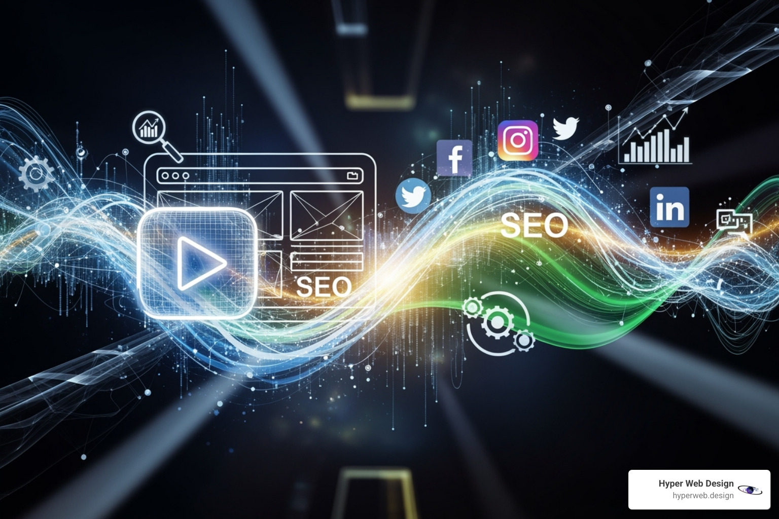 A cohesive digital strategy, showing interconnected elements like video content, web design, social media, and SEO - multimedia production companies