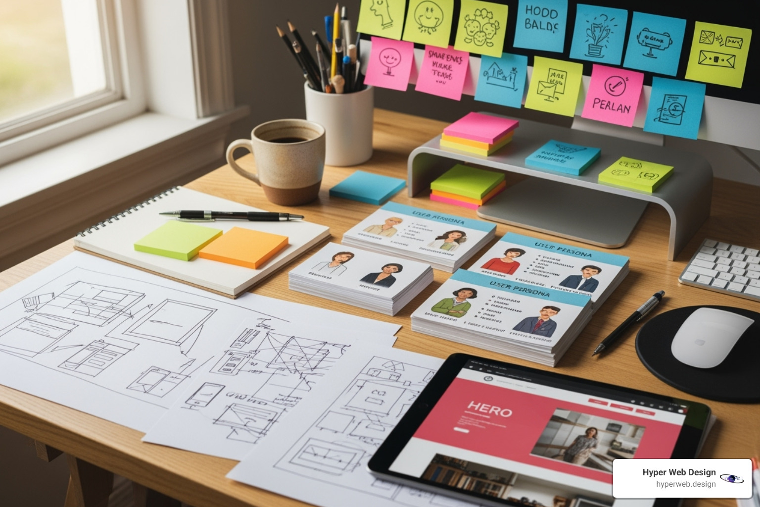 A designer's desk with wireframes, user persona cards, sticky notes, and a tablet displaying a website layout - user experience website design