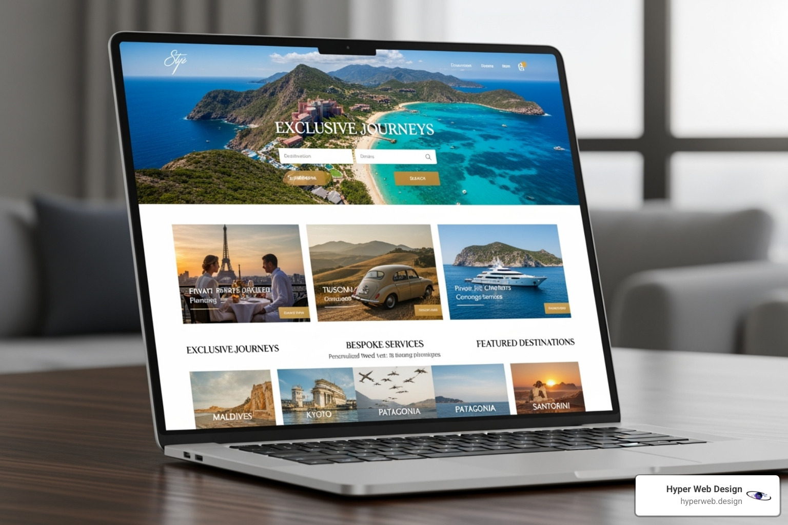 A luxurious travel website designed by Hyper Web Design showcasing a sophisticated color palette - luxury travel website design A luxurious travel website designed by Hyper Web Design showcasing a sophisticated color palette - luxury travel website design