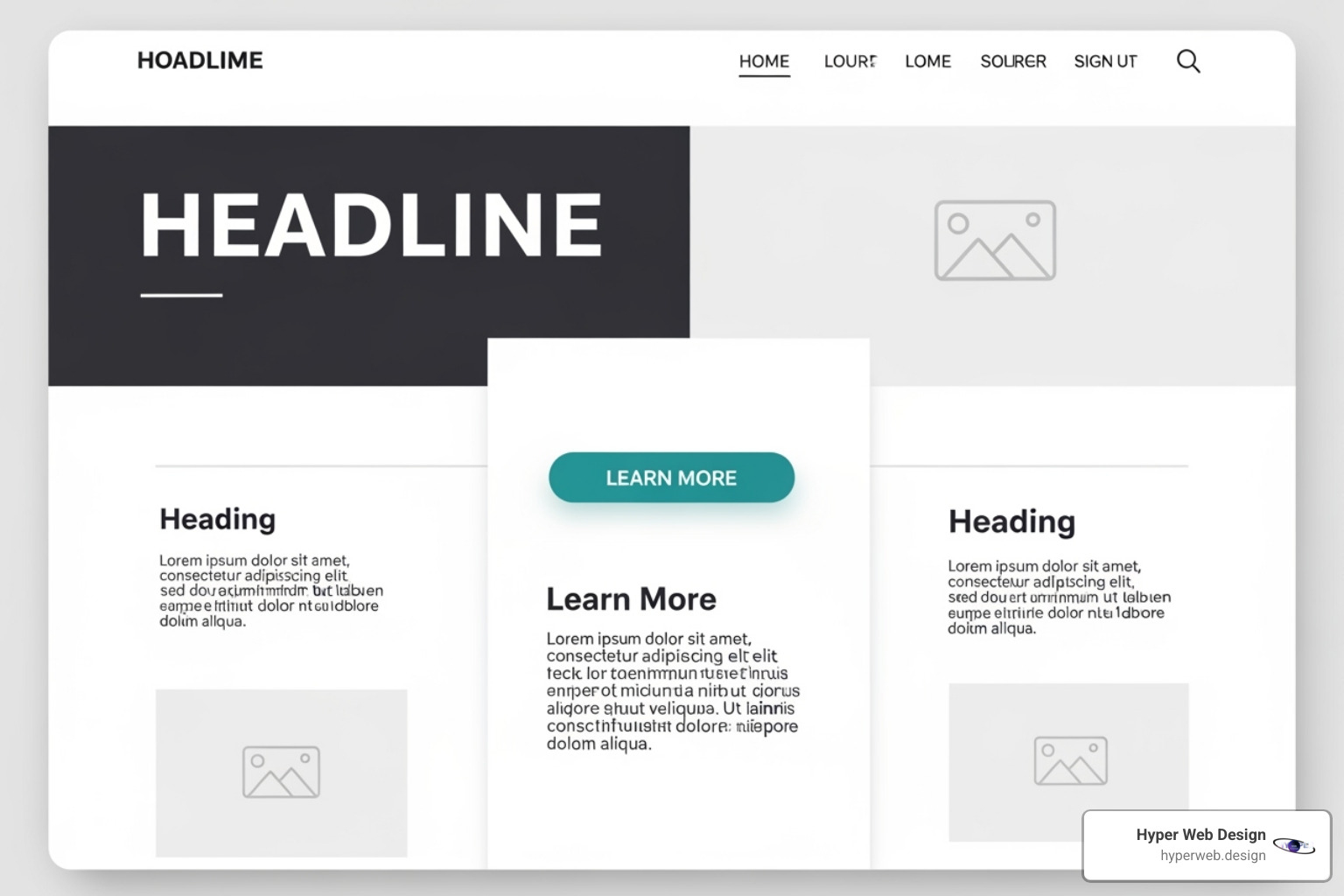 A webpage layout illustrating visual hierarchy with larger, bolder headlines, distinct call-to-action buttons, and clear content sections - user experience website design