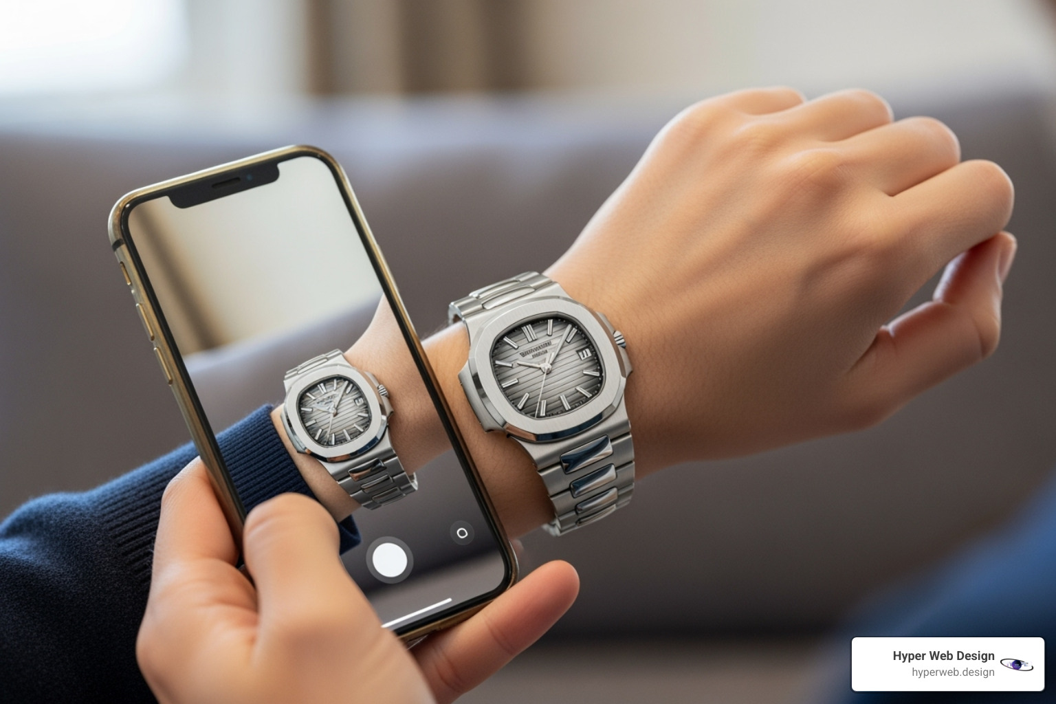 customer using an AR "try-on" feature for a luxury watch on their phone - luxury brand online presence