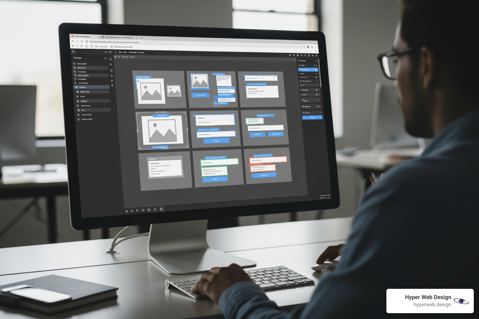 A software interface displaying a website layout with options to preview its appearance on desktop, tablet, and mobile screens, highlighting the responsive design capabilities. - visual web design software