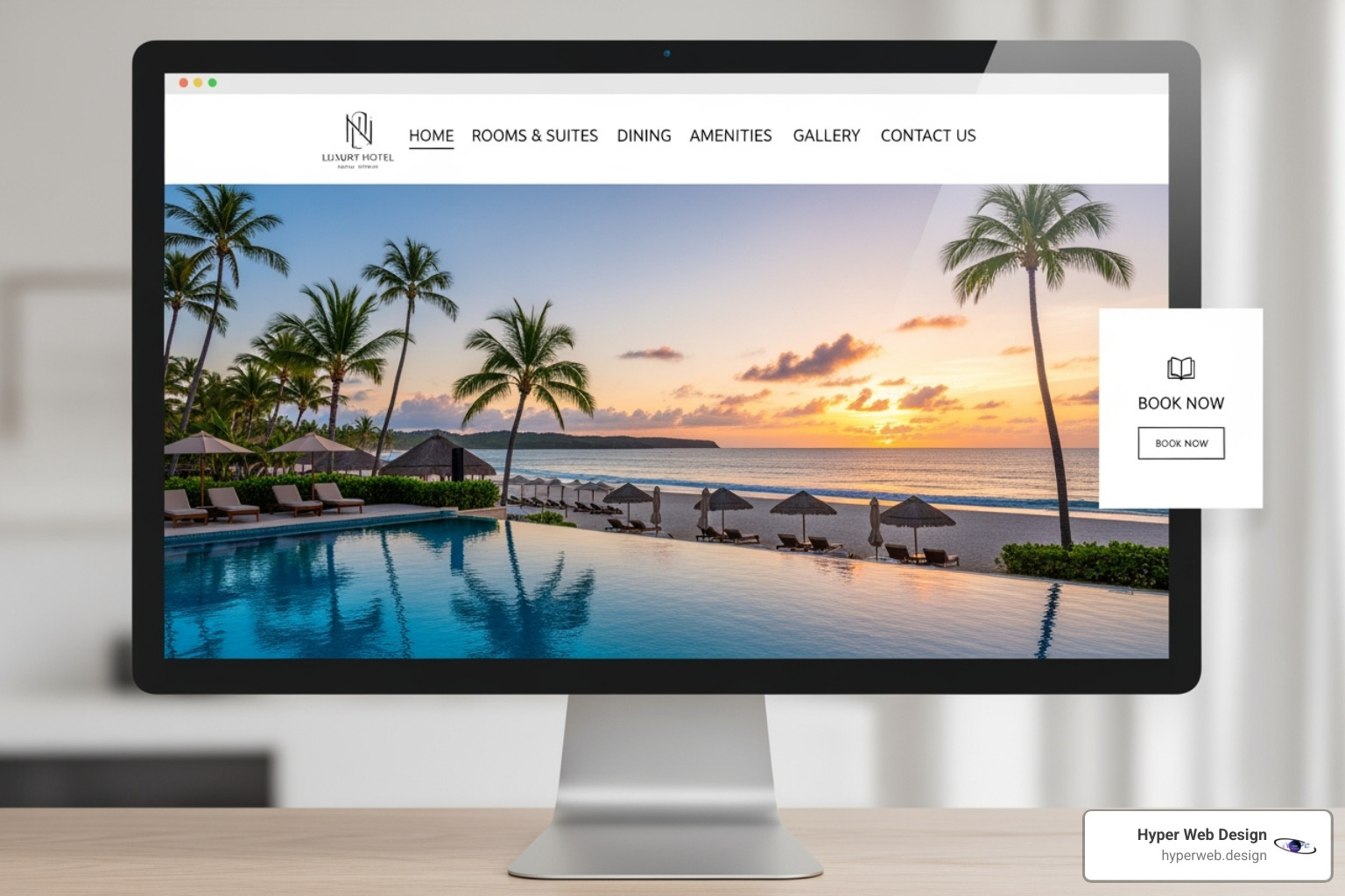Website with clear, non-intrusive "Book Now" button visible on scroll - luxury hotel web design Website with clear, non-intrusive "Book Now" button visible on scroll - luxury hotel web design