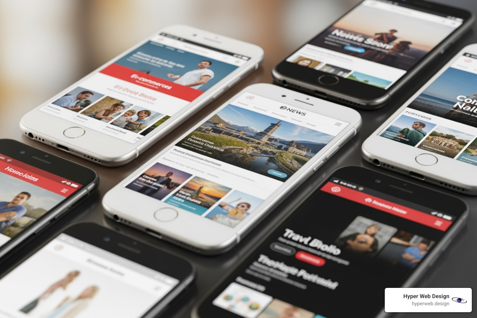 Collage of 6 example websites on mobile screens - mobile friendly web design