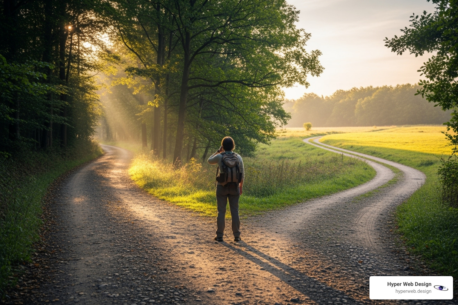 A person at a crossroads, one path labeled "In-House" and the other "Agency" - conversion optimisation companies