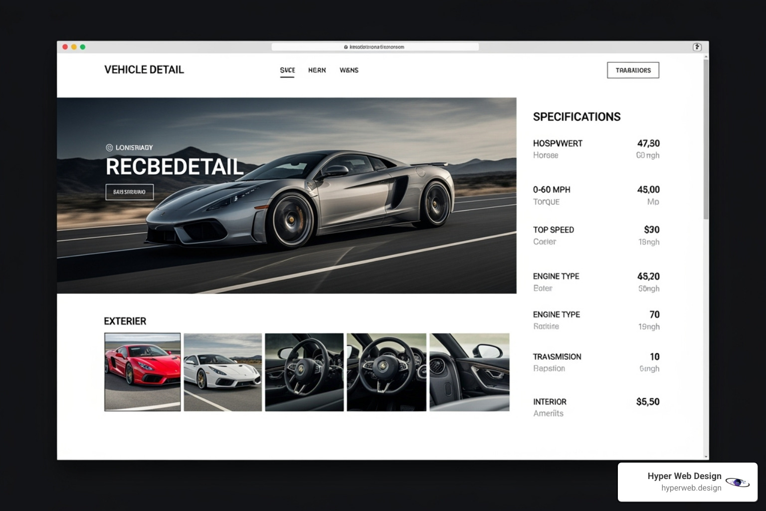 A sleek vehicle detail page showcasing a luxury car with a high-quality photo gallery and key specifications - luxury car dealership websites