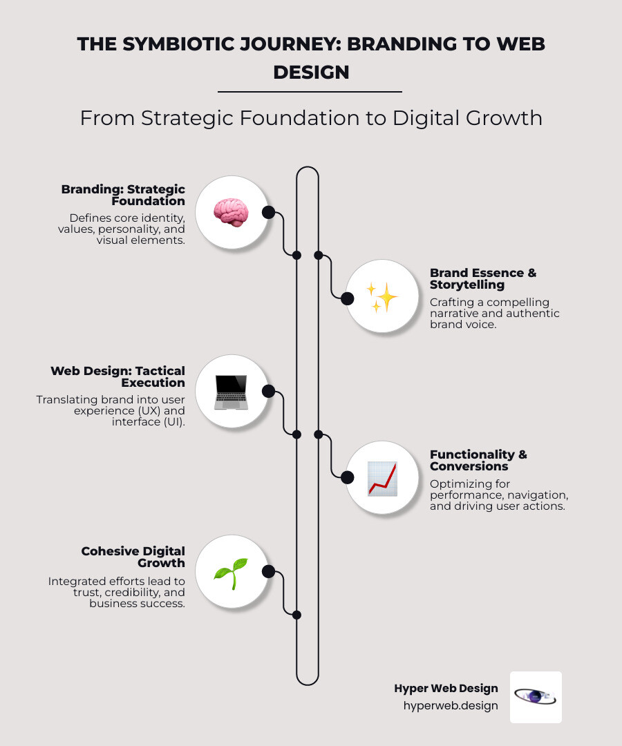 Infographic showing branding as the strategic foundation (brand essence, values, personality, storytelling, visual identity) flowing into web design as the tactical execution (user experience, interface design, functionality, conversion optimization, credibility building), with arrows indicating how they work together to create business growth - branding and web design infographic infographic-line-5-steps-elegant_beige Infographic showing branding as the strategic foundation (brand essence, values, personality, storytelling, visual identity) flowing into web design as the tactical execution (user experience, interface design, functionality, conversion optimization, credibility building), with arrows indicating how they work together to create business growth - branding and web design infographic infographic-line-5-steps-elegant_beige