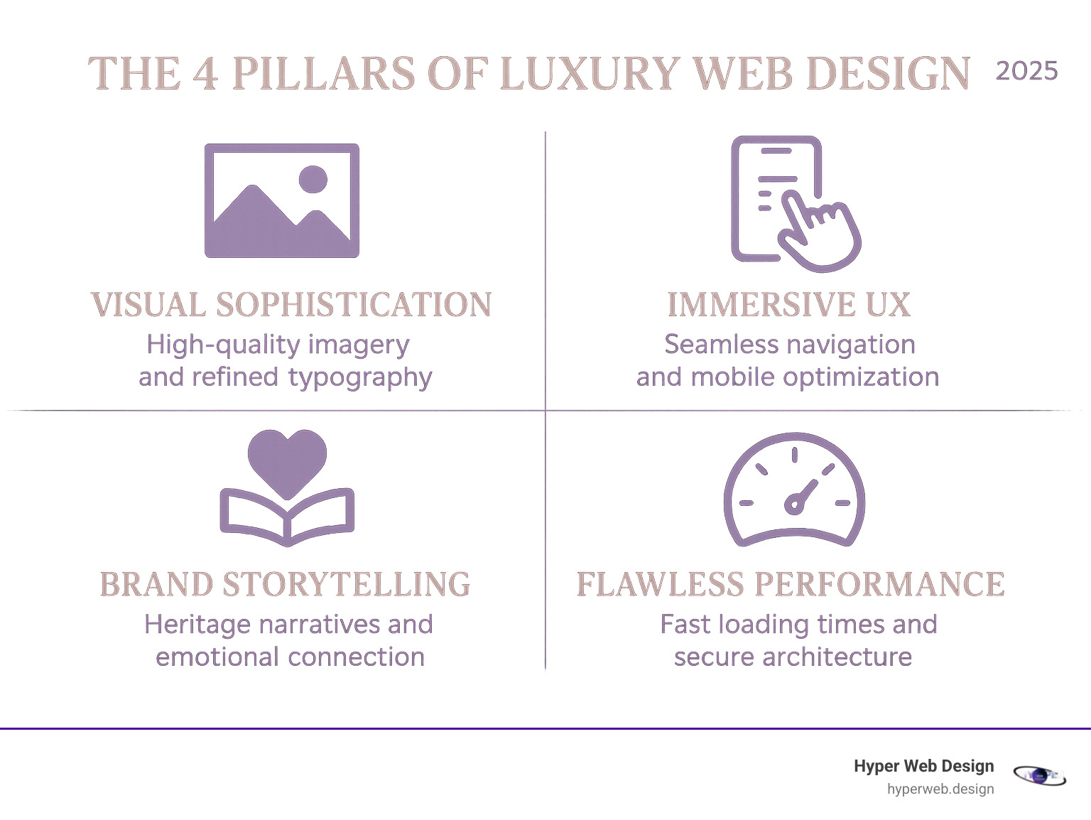 Infographic showing the 4 pillars of luxury web design: Visual Sophistication featuring high-quality imagery and refined typography, Immersive UX with seamless navigation and mobile optimization, Brand Storytelling through heritage narratives and emotional connection, and Flawless Performance including fast loading times and secure architecture - luxury brand website design services infographic 