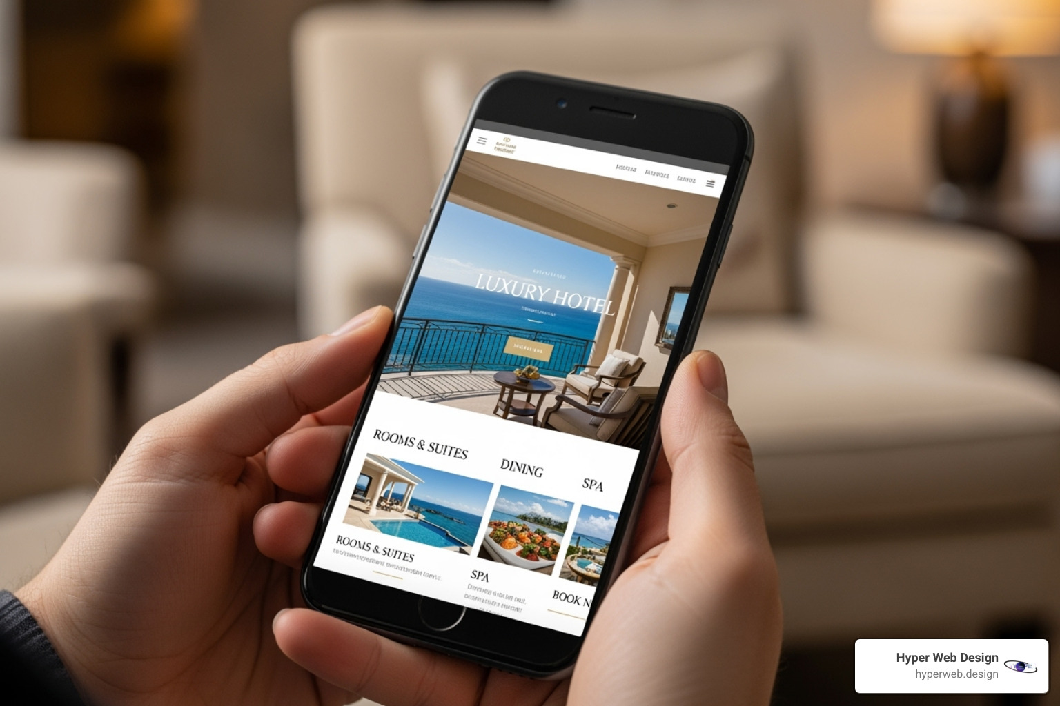 Person on a mobile phone browsing a beautiful, responsive hotel website - luxury hotel web design Person on a mobile phone browsing a beautiful, responsive hotel website - luxury hotel web design