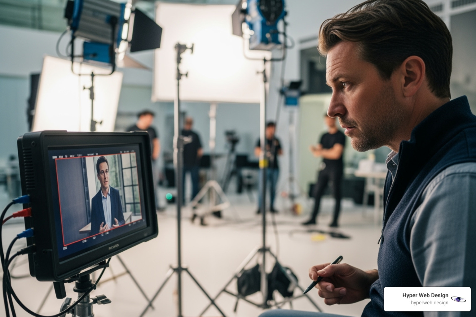A director reviewing a shot on a monitor during a corporate video production - video production for corporate