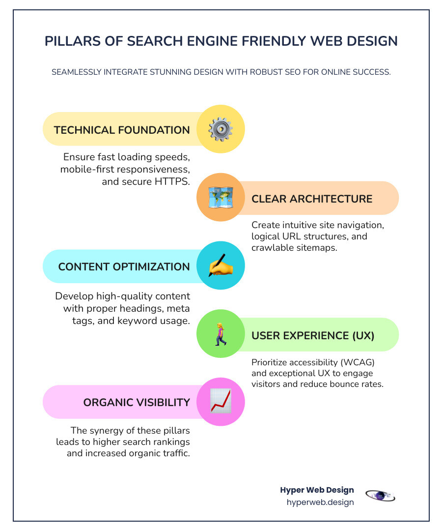 infographic showing the interconnected pillars of search engine friendly web design including mobile optimization at the base, content quality and user experience in the middle layer, technical SEO elements like site speed and security as supporting columns, and organic visibility and conversions at the top - search engine friendly web design infographic infographic-line-5-steps-colors infographic showing the interconnected pillars of search engine friendly web design including mobile optimization at the base, content quality and user experience in the middle layer, technical SEO elements like site speed and security as supporting columns, and organic visibility and conversions at the top - search engine friendly web design infographic infographic-line-5-steps-colors