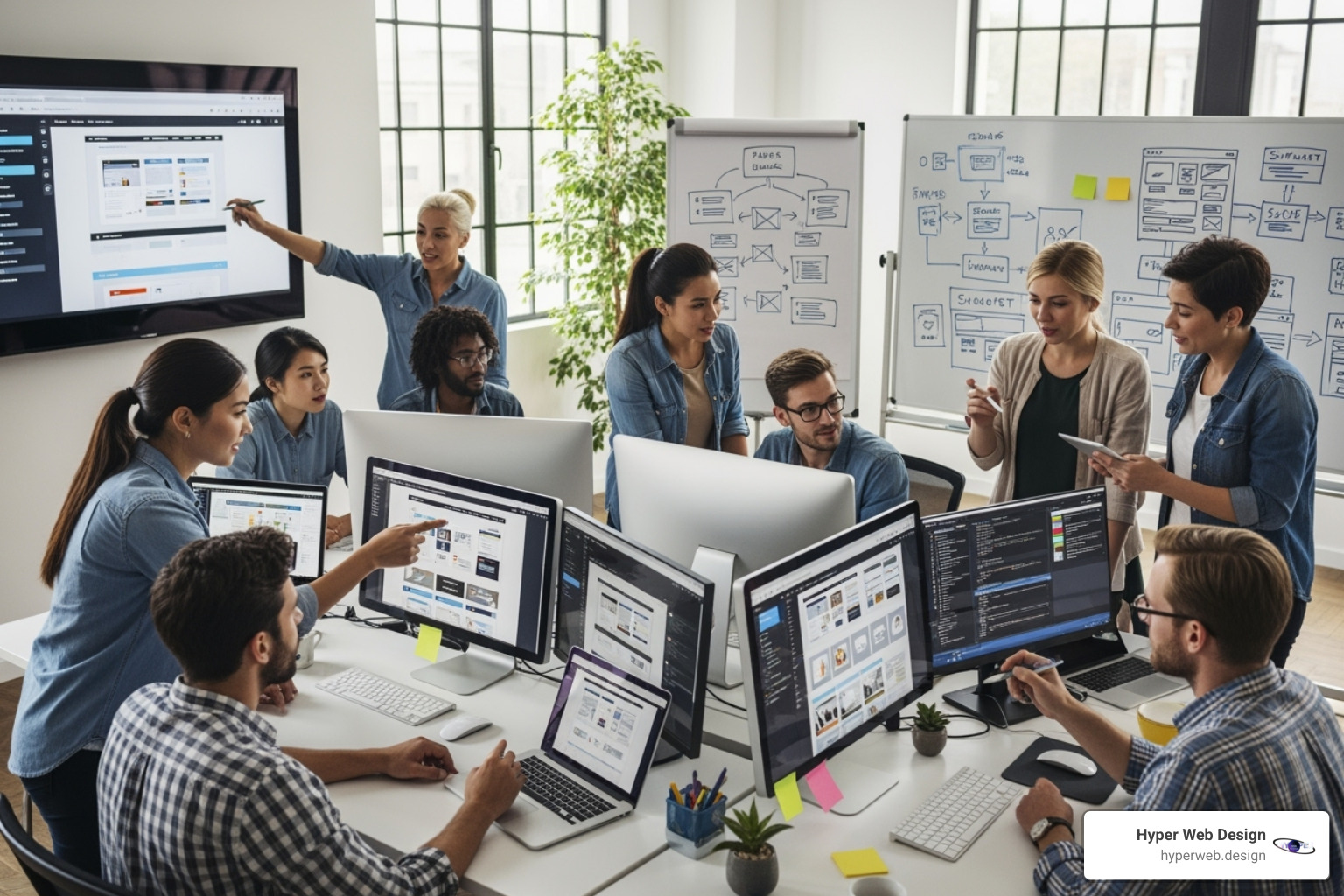 Diverse team collaborating on a web design project - website development houston tx