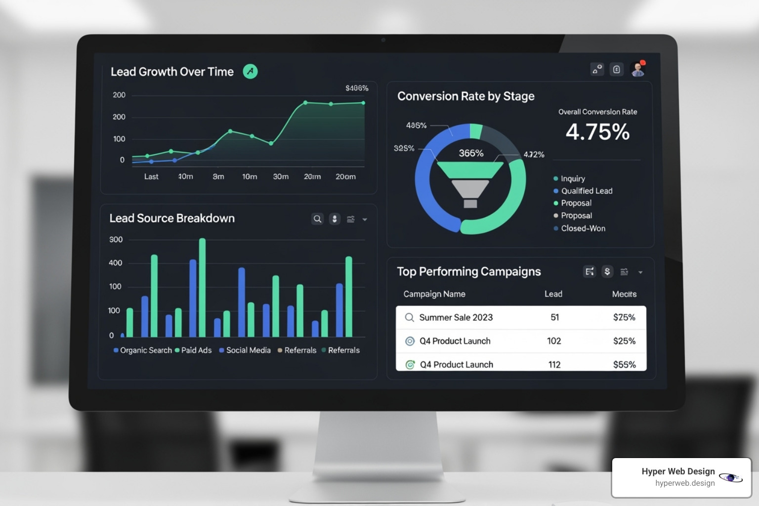 analytics dashboard showing lead generation growth and conversion rates - high end web design firms