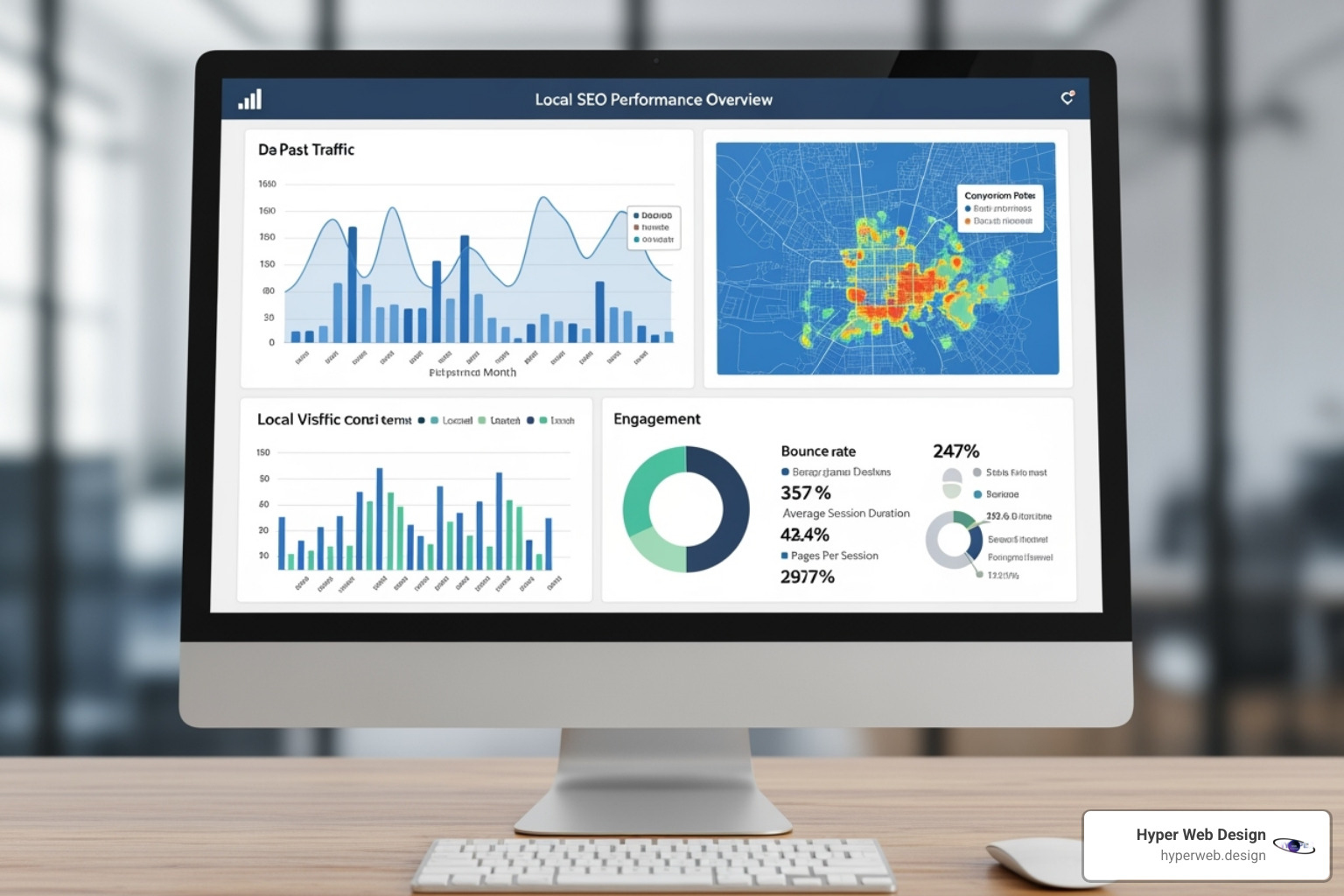 a dashboard displaying local SEO performance metrics, including local pack rankings, GBP insights, website traffic, phone calls, and conversion rates - houston local seo a dashboard displaying local SEO performance metrics, including local pack rankings, GBP insights, website traffic, phone calls, and conversion rates - houston local seo