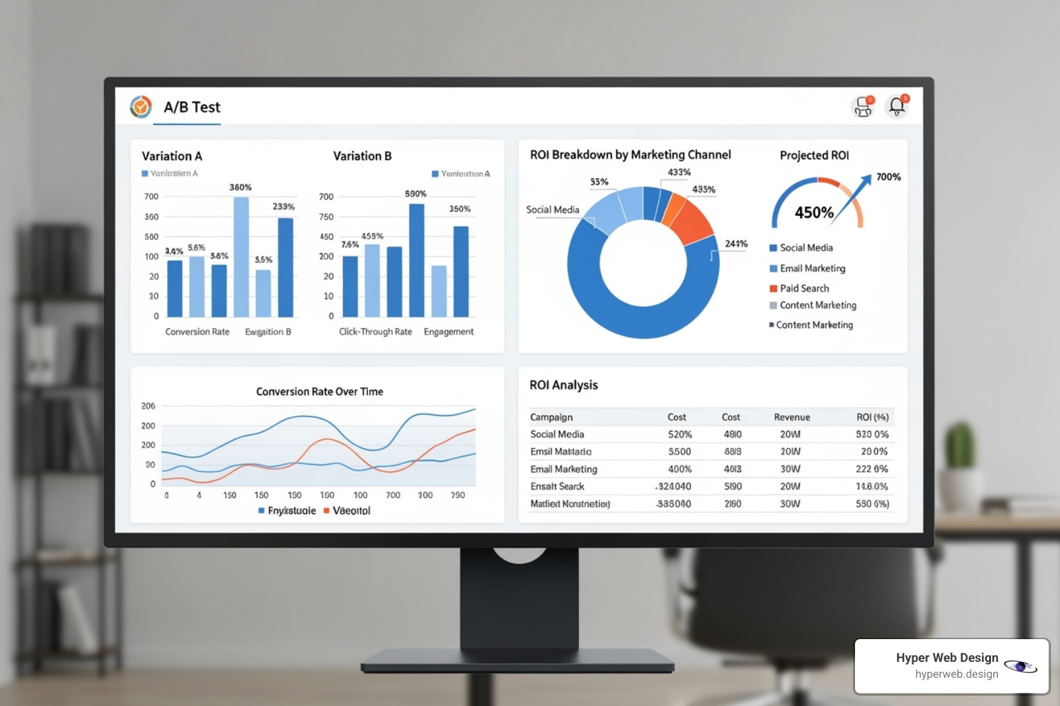 A dashboard showing A/B test results and ROI - conversion optimisation companies